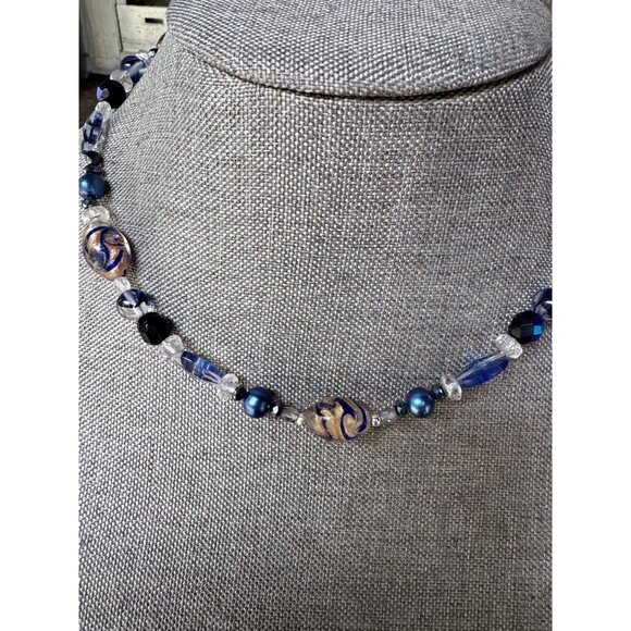 Handcrafted Glass Bead Necklace With Blue & Gold Swirl Accents On Adjustable Sil - Picture 1 of 8